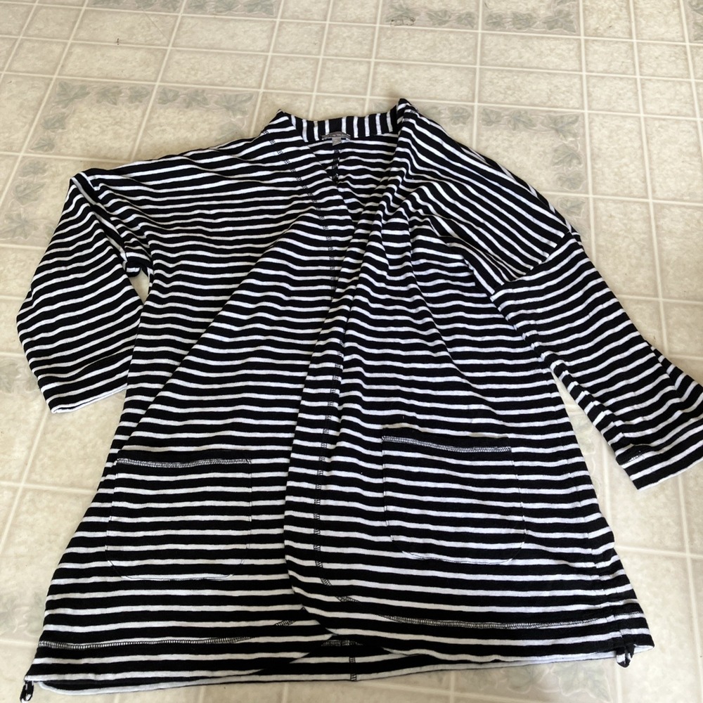 XL T by Talbots Black & White Stripe 3/4 Sleeve Open-Front Cardigan Ruched Sides